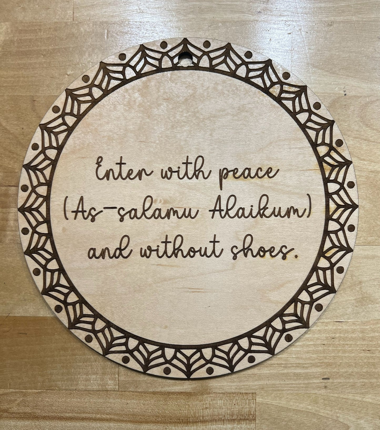 Wooden Islamic Home Sign – "Please Remove Your Shoes" with Arabic