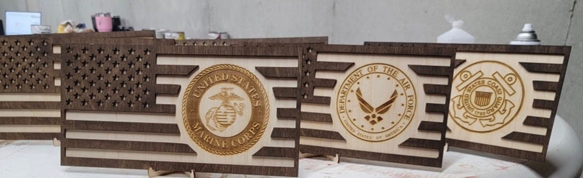 American Flag engraved | Military Flag w Branch emblem - Laser Cut Wooden and engraved - Personalize it