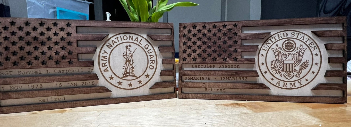 American Flag engraved | Military Flag w Branch emblem - Laser Cut Wooden and engraved - Personalize it