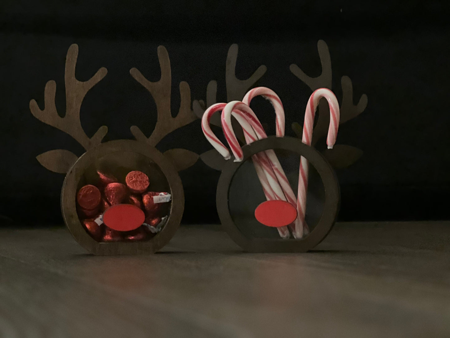 Handcrafted wooden reindeer candy holder