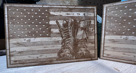 American Flag Honor Boots engraved | Military Flag with Boots- Laser Cut Wooden and engraved - Personalize it