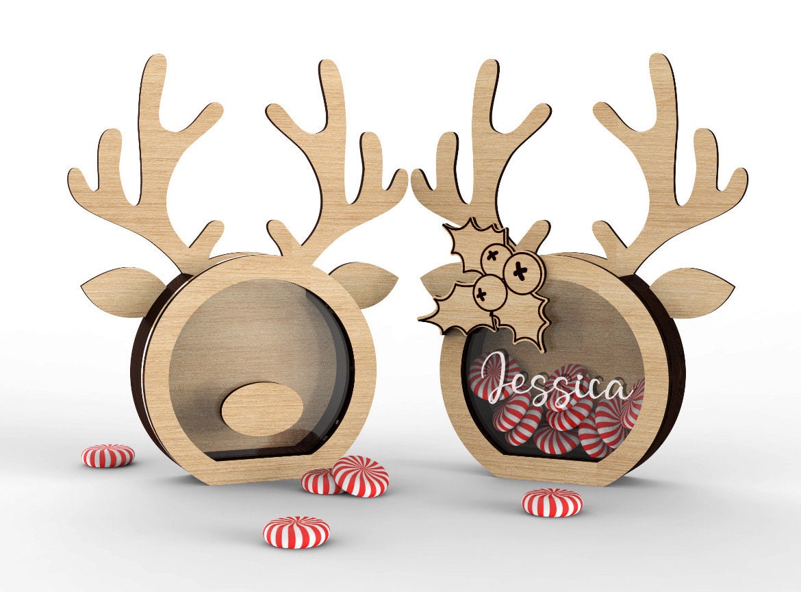 Handcrafted wooden reindeer candy holder