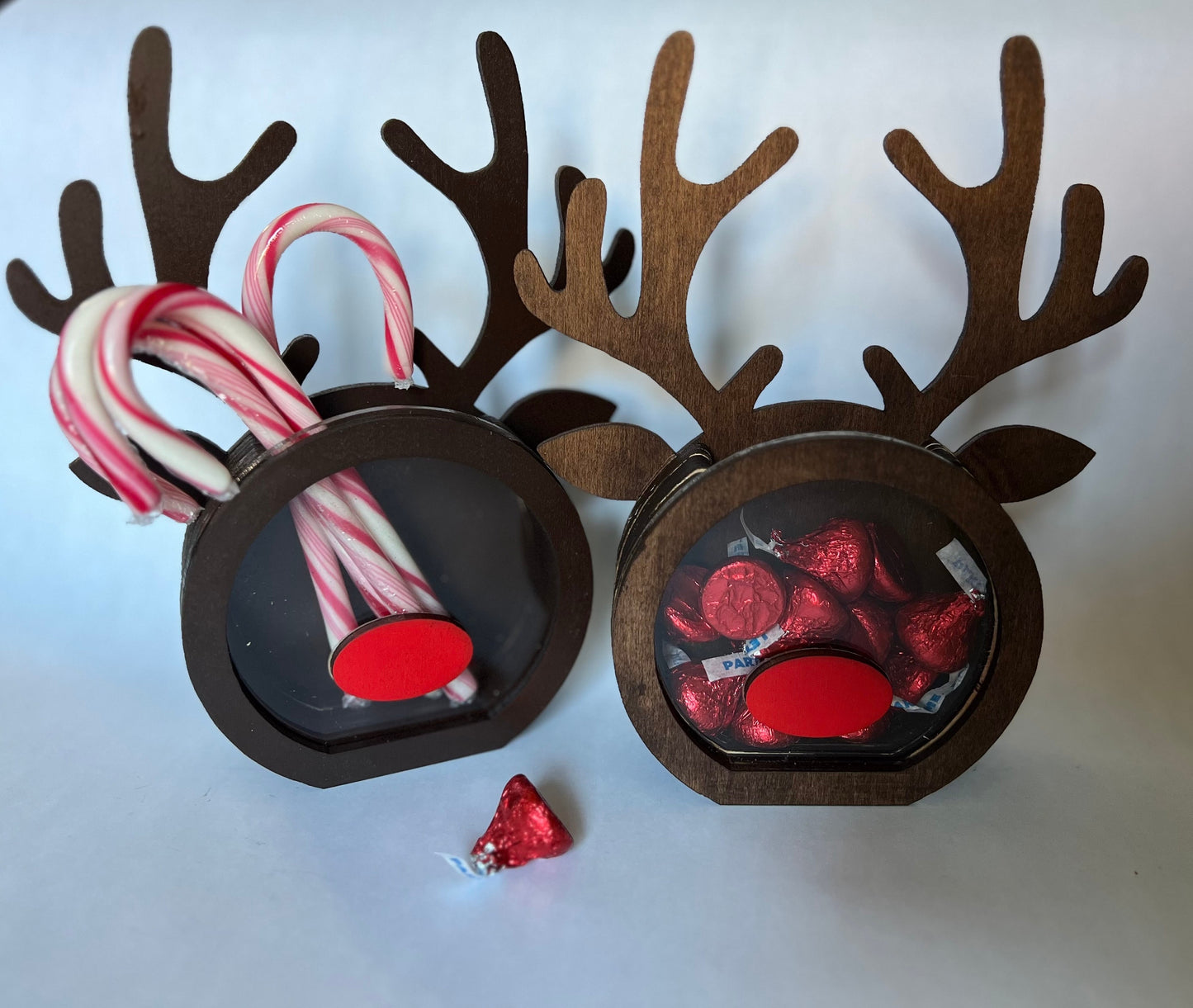 Handcrafted wooden reindeer candy holder