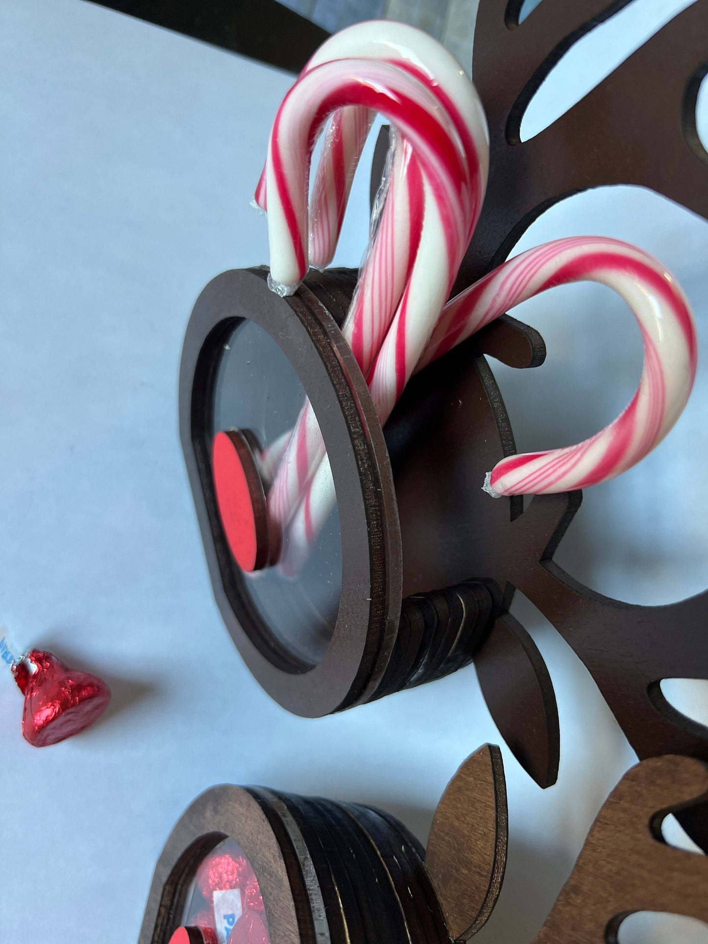 Handcrafted wooden reindeer candy holder