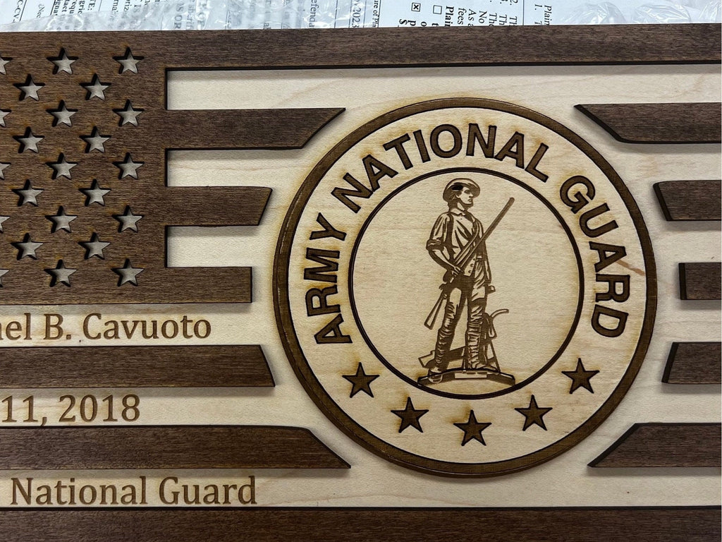 Engraved American Flag: Military Branch Emblem, Personalized Wooden Decor