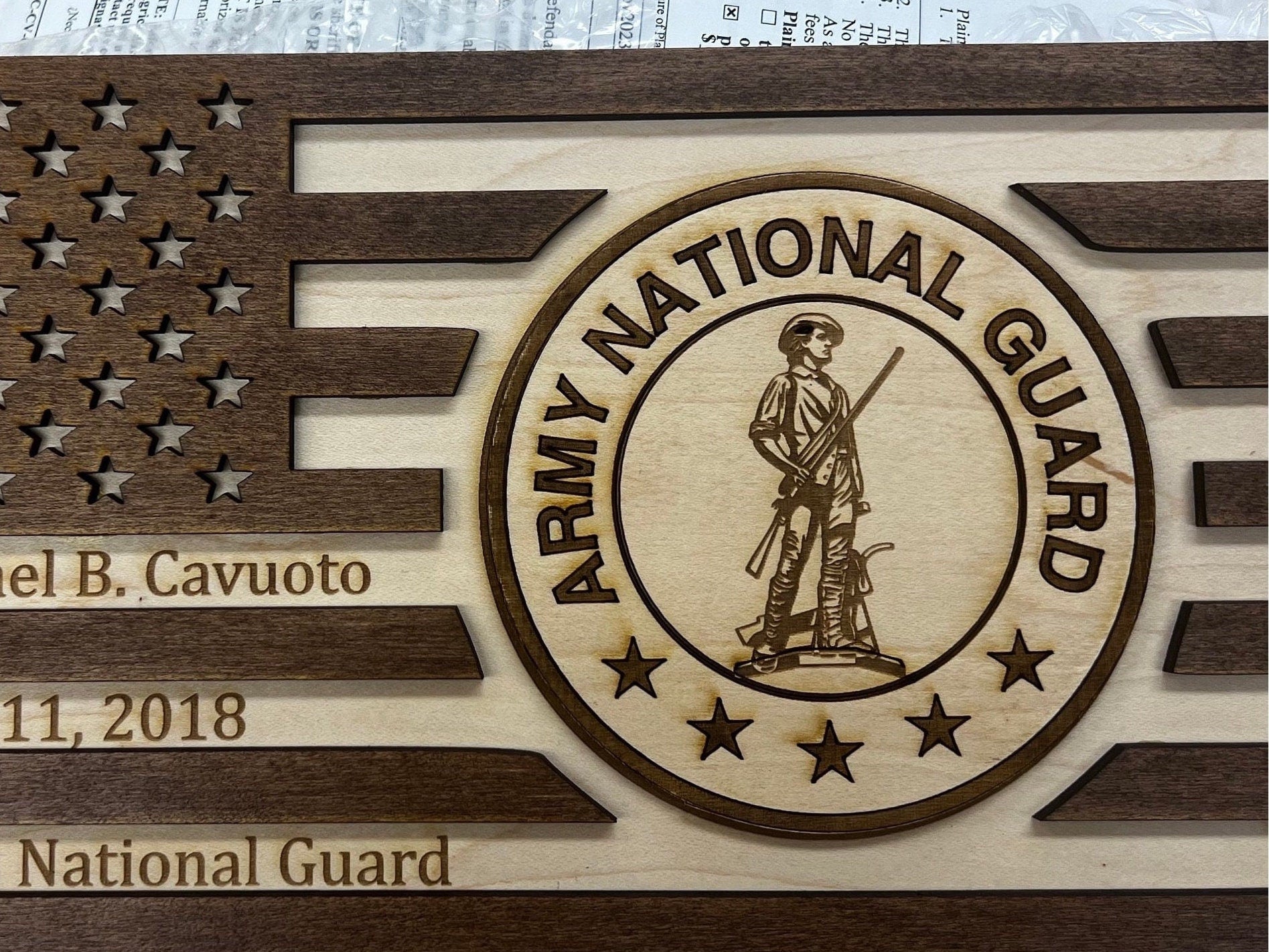 Engraved American Flag: Military Branch Emblem, Personalized Wooden Decor