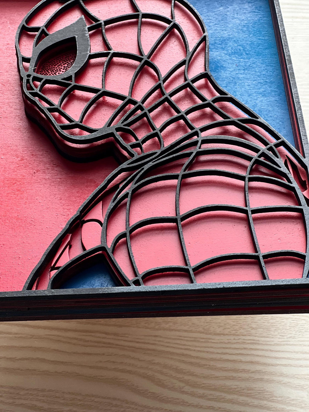 Layered Spiderweb Man Wood Wall Art: 3D Superhero Decor