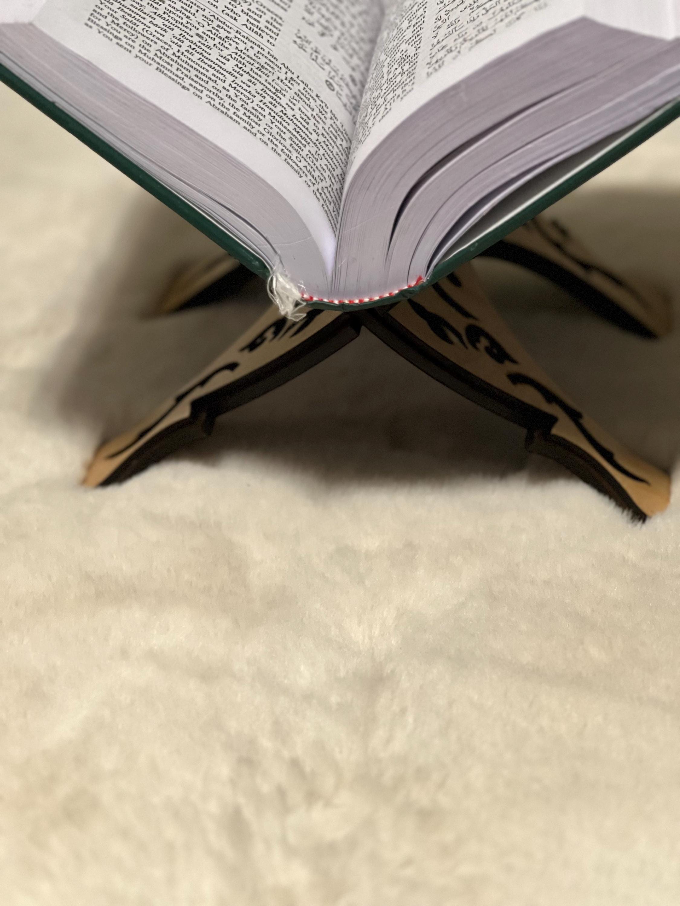 Handcrafted Wooden Quran Stand – Foldable Islamic Book Holder with Carved Design
