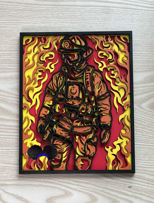 Laser-Cut Firefighter Shadow Box: Multi-Layered Wooden Wall Art