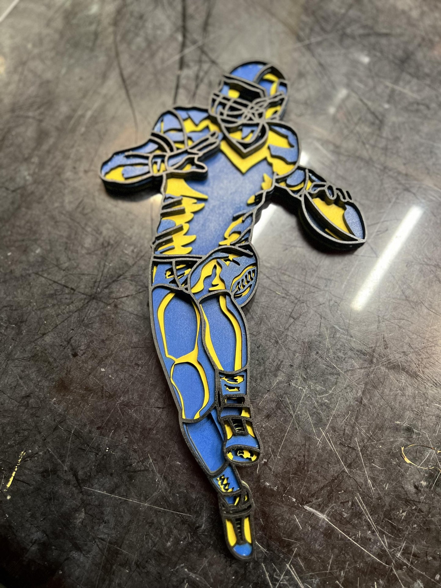 Custom Layered Football Player Wall Art – Personalized Team Colors & Number – Laser Cut Wooden Sports Decor