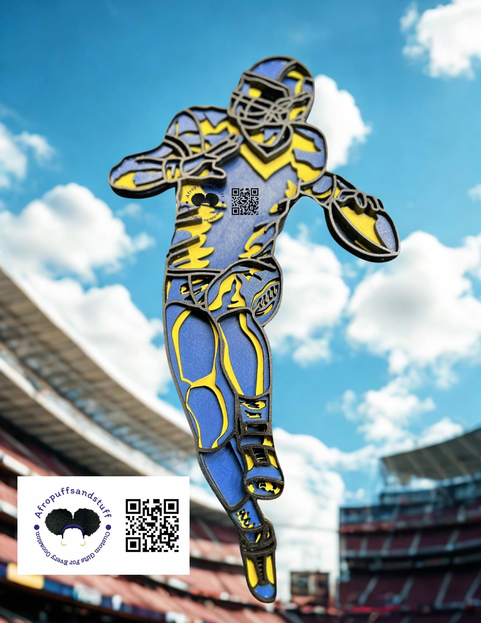 Custom Layered Football Player Wall Art – Personalized Team Colors & Number – Laser Cut Wooden Sports Decor