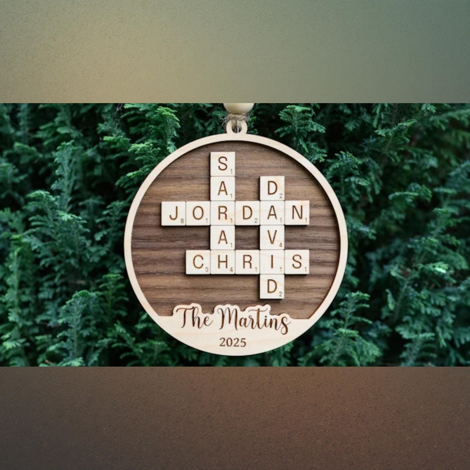 Custom Tile Family Name Ornament - Engraved Wood