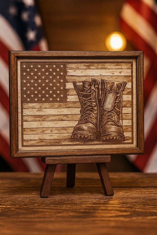 Personalized Military Boots & Flag Engraved Plaque - Veteran Tribute Gift