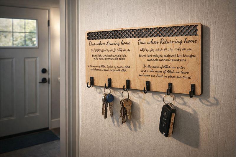 Islamic Key Holder – Leaving & Returning Home Dua Wall Plaque | Muslim Home Decor | Entryway Key Organizer | Perfect Islamic Gift