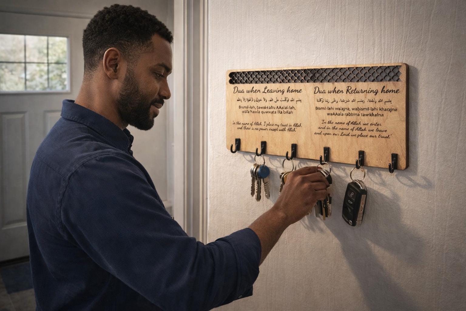 Islamic Key Holder – Leaving & Returning Home Dua Wall Plaque | Muslim Home Decor | Entryway Key Organizer | Perfect Islamic Gift