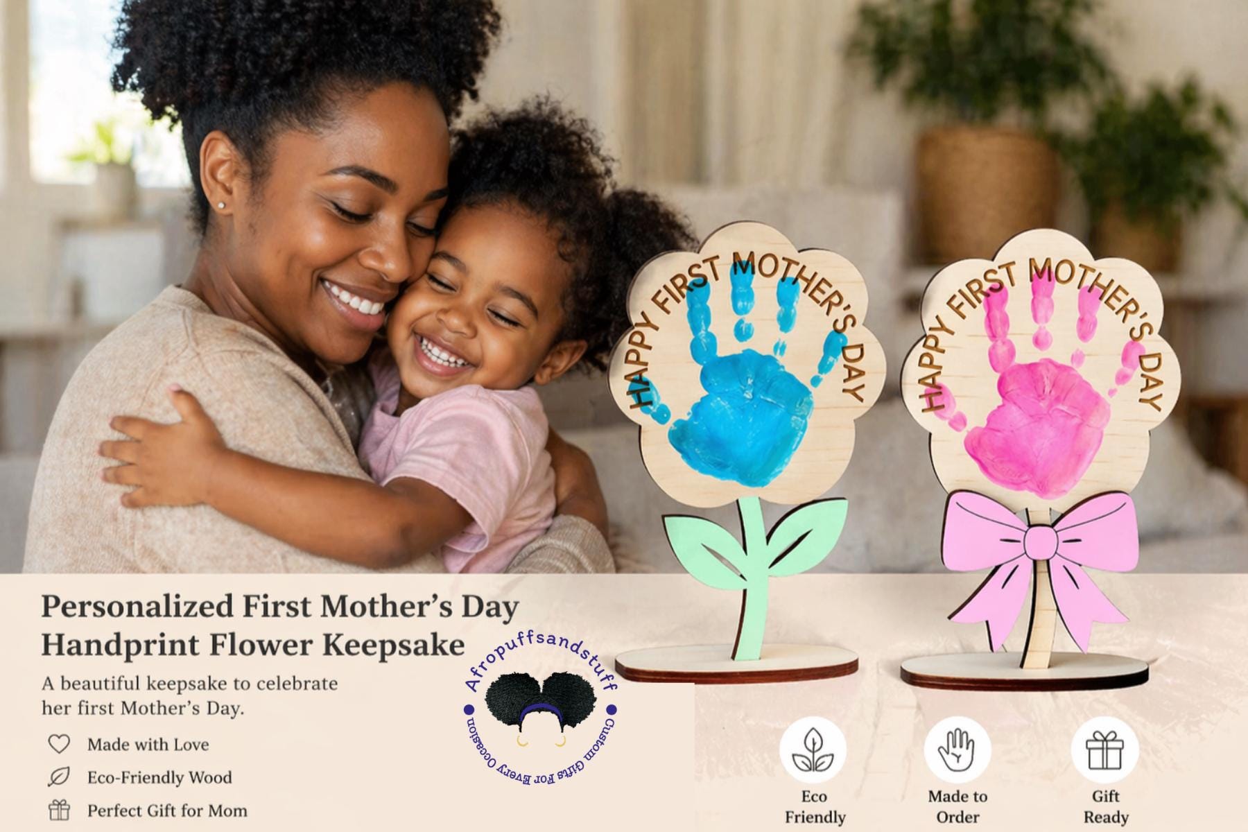 Personalized First Mother’s Day | Mother's Day | Handprint Flower Sign | Wooden Baby Handprint Keepsake | New Mom Gift | DIY Handprint Kit