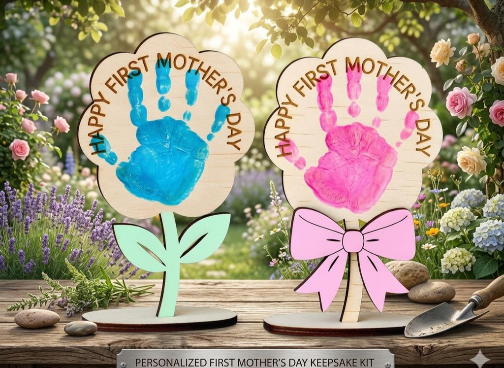 Personalized First Mother’s Day | Mother's Day | Handprint Flower Sign | Wooden Baby Handprint Keepsake | New Mom Gift | DIY Handprint Kit