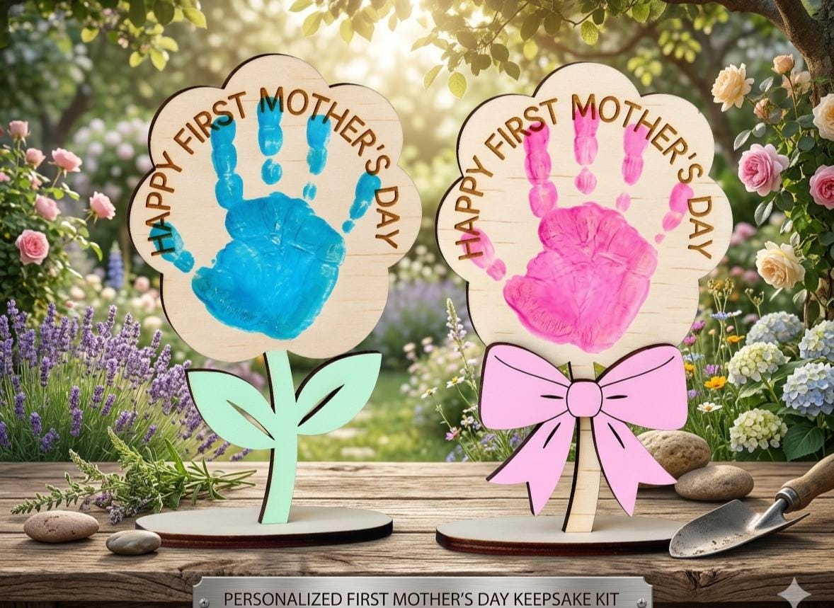 Personalized First Mother’s Day | Mother's Day | Handprint Flower Sign | Wooden Baby Handprint Keepsake | New Mom Gift | DIY Handprint Kit